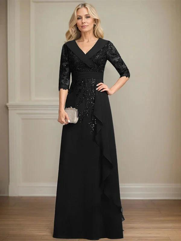 A-line Collared V-Neck Floor-Length Lace Chiffon Mother of the Bride Dress With Sequins Cascading Ruffles by Dreamylily