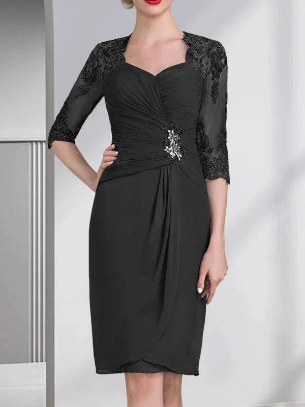 Sheath/Column Sweetheart Knee-Length Chiffon Mother of the Bride Dress With Beading Appliques Lace Sequins Pleated by Dreamylily