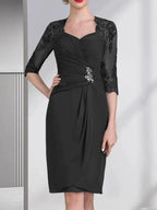 Sheath/Column Sweetheart Knee-Length Chiffon Mother of the Bride Dress With Beading Appliques Lace Sequins Pleated by Dreamylily