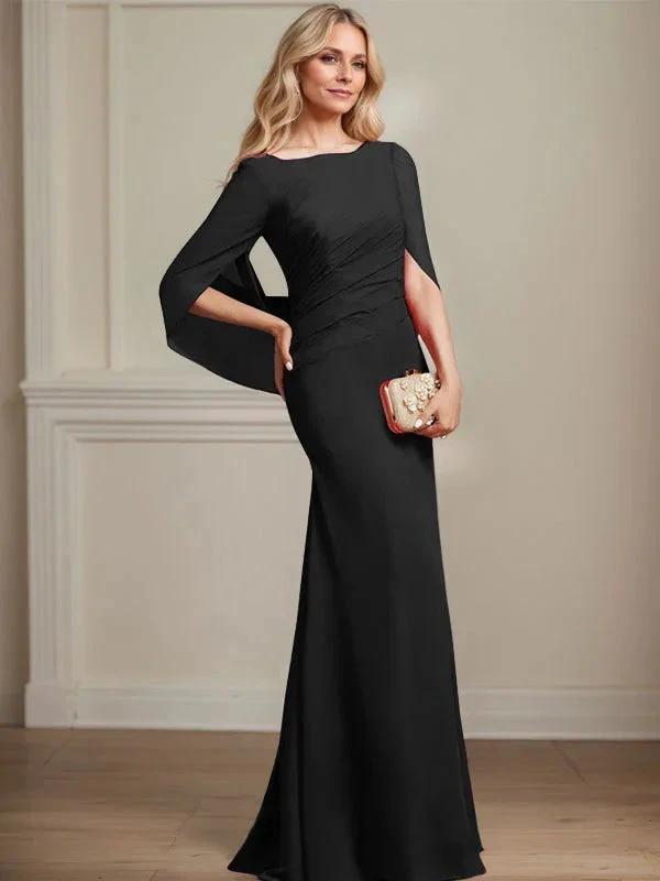 Trumpet/Mermaid Boat Neck Floor-Length Chiffon Mother of the Bride Dress With Pleated by Dreamylily