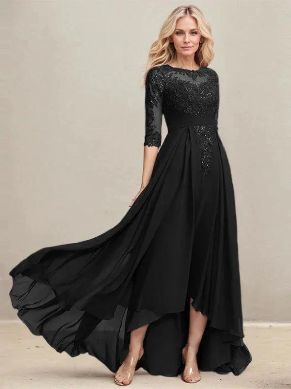 A-line Scoop Illusion Asymmetrical Lace Chiffon Mother of the Bride Dress With Pleated Sequins by Dreamylily