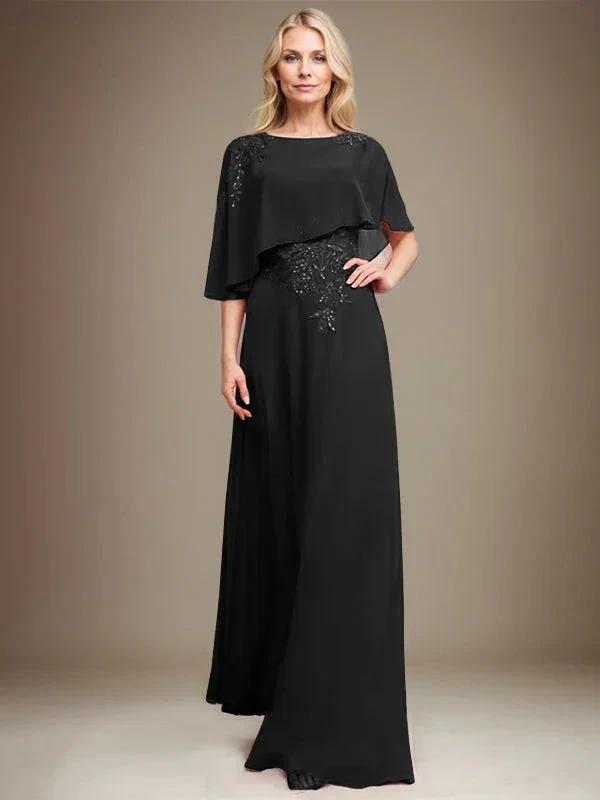 A-line Scoop Floor-Length Chiffon Lace Mother of the Bride Dress With Sequins Beading by Dreamylily
