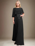A-line Scoop Floor-Length Chiffon Lace Mother of the Bride Dress With Sequins Beading by Dreamylily