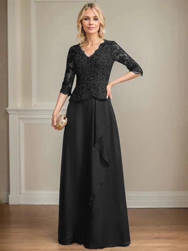 A-line V-Neck Floor-Length Lace Chiffon Mother of the Bride Dress With Cascading Ruffles Sequins by Dreamylily