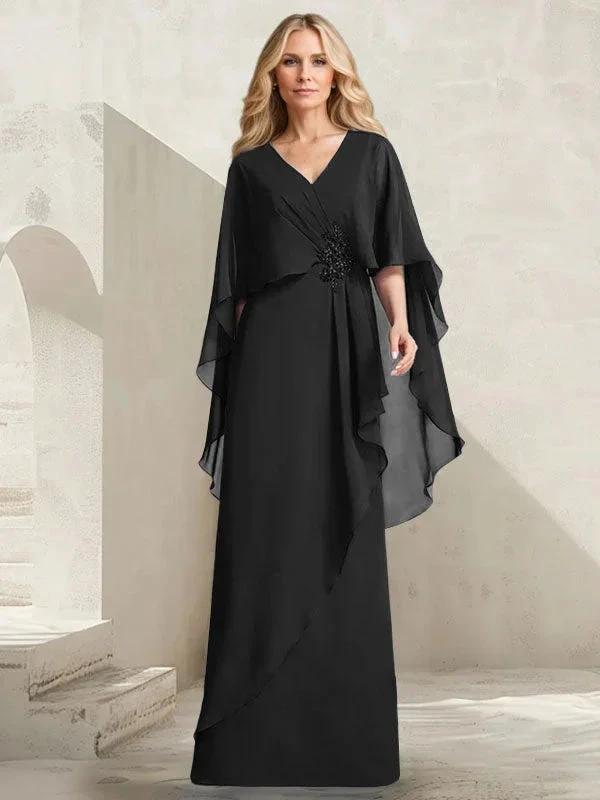 A-line V-Neck Floor-Length Chiffon Mother of the Bride Dress With Cascading Ruffles Beading by Dreamylily