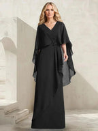 A-line V-Neck Floor-Length Chiffon Mother of the Bride Dress With Cascading Ruffles Beading by Dreamylily