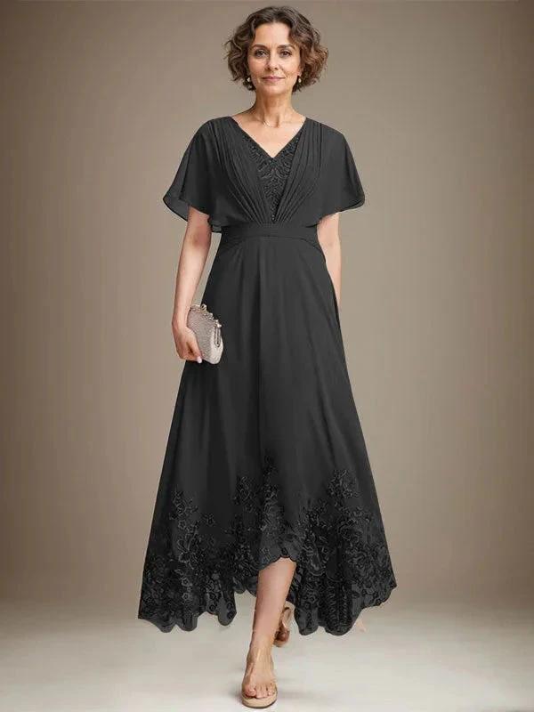 A-line V-Neck Asymmetrical Lace Chiffon Mother of the Bride Dress With Pleated by Dreamylily