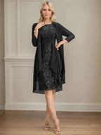 Sheath/Column Scoop Illusion Knee-Length Lace Chiffon Mother of the Bride Dress With Cascading Ruffles Sequins by Dreamylily