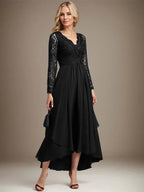 A-line V-Neck Asymmetrical Lace Chiffon Mother of the Bride Dress by Dreamylily
