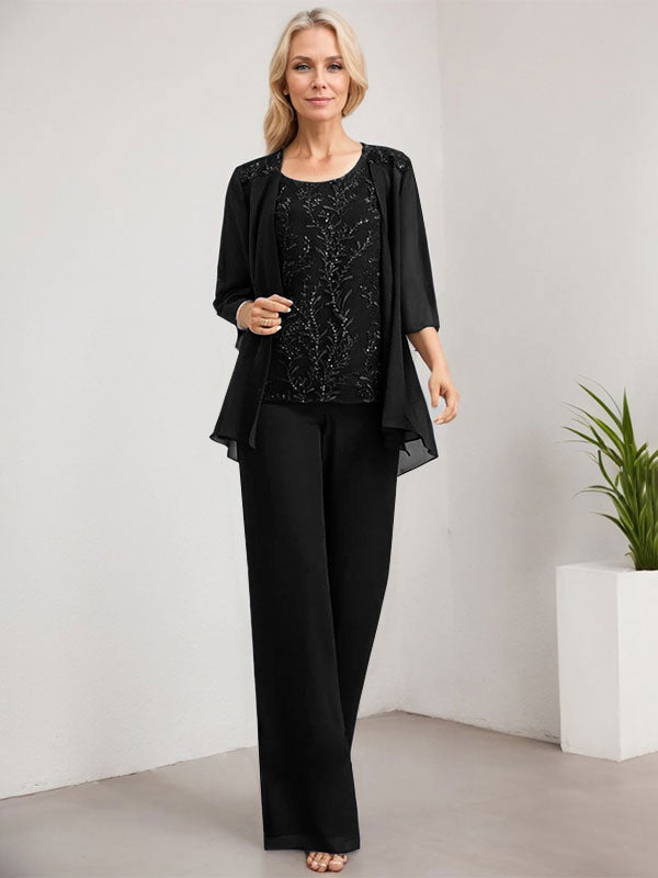 Separates Jumpsuit/Pantsuit Scoop Floor-Length Lace Chiffon Mother of the Bride Dress With Sequins