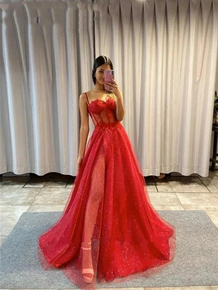Keily |A-line Spaghetti Straps Glitter Tulle Prom Dress by KissProm