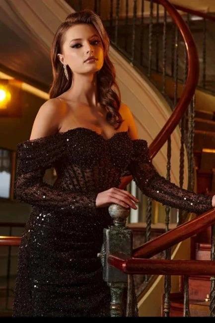 Black Front Split Strapless Unique Prom Dresses with Beadings by misshow.com