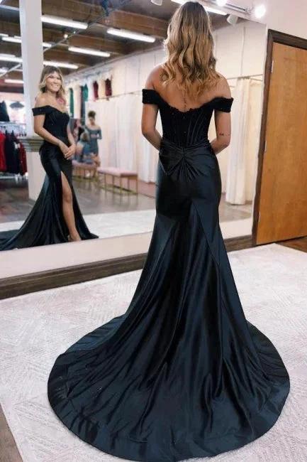 Black Off the shoulder high split mermaid prom dress by misshow.com
