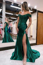 Black Off the shoulder high split mermaid prom dress by misshow.com