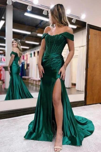 Black Off the shoulder high split mermaid prom dress by misshow.com
