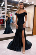 Off-the-shoulder Mermaid Satin Lace Long Prom Dresses With Split by BIZTUNNEL