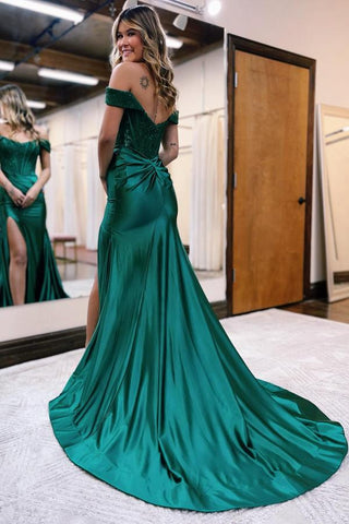 Vestidos de fiesta largos de encaje satinado con hombros descubiertos y abertura