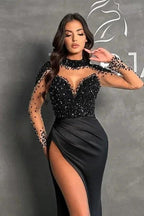 Black Split Front Halter Sweetheart Floor-Length Long Sleeves Stain Prom Dresses with Beadings by misshow.com