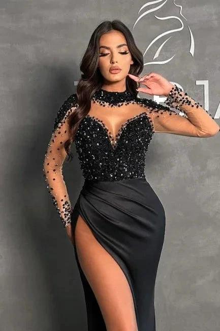 Black Split Front Halter Sweetheart Floor-Length Long Sleeves Stain Prom Dresses with Beadings by misshow.com