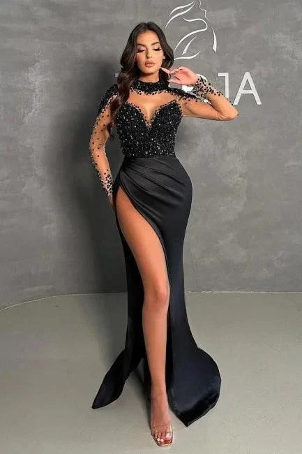 Black Split Front Halter Sweetheart Floor-Length Long Sleeves Stain Prom Dresses with Beadings by misshow.com