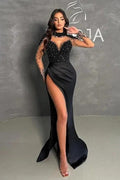 Black Split Front Halter Sweetheart Floor-Length Long Sleeves Stain Prom Dresses with Beadings by misshow.com