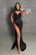 Black Split Front Halter Sweetheart Floor-Length Long Sleeves Stain Prom Dresses with Beadings by misshow.com