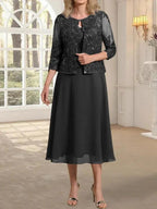 A-line Scoop Tea-Length Lace Chiffon Mother of the Bride Dress With Sequins by Dreamylily