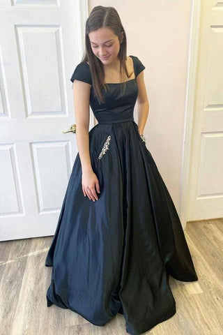 Schwarzes A-Linie Satin Offene Schwarze Flügelärmel Langes Ballkleid PSK373