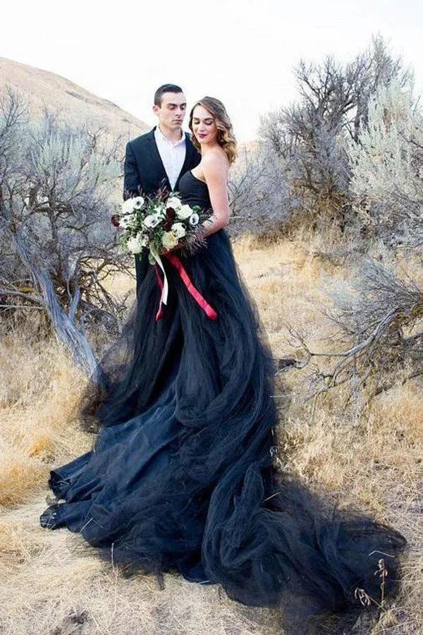 Black Gothic Wedding Dresses A-Line Sleeveless With Train WD704 by pgmdress