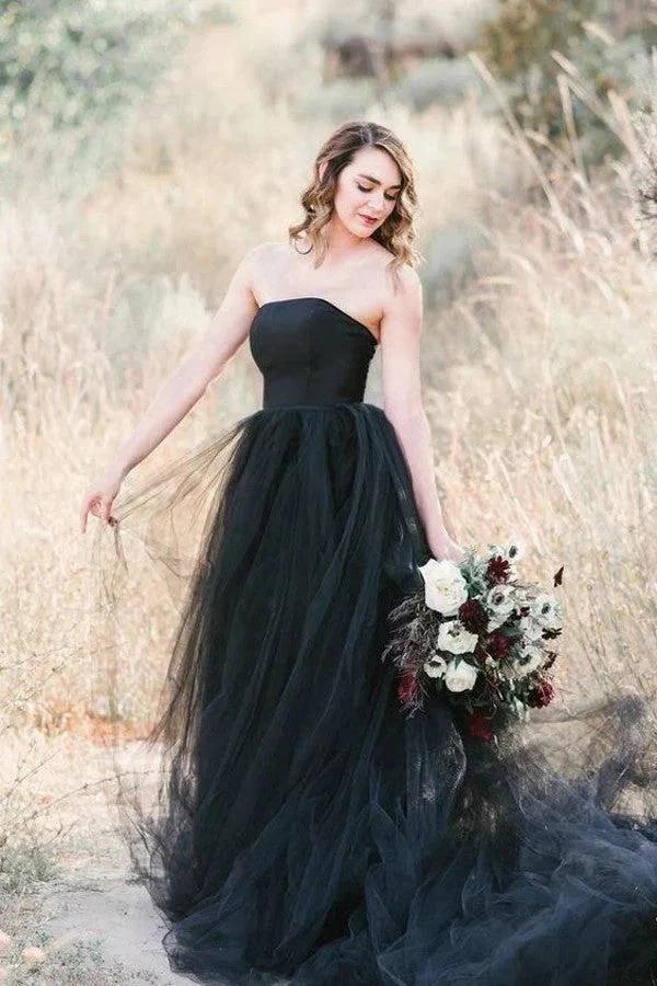Black Gothic Wedding Dresses A-Line Sleeveless With Train WD704 by pgmdress