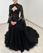 Black Luxury Gothic  Wedding Dress Sheer Lace Ball Gown  SW560
