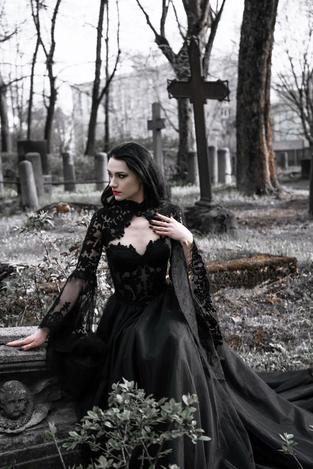 Black Luxury Gothic  Wedding Dress Sheer Lace Ball Gown  SW560
