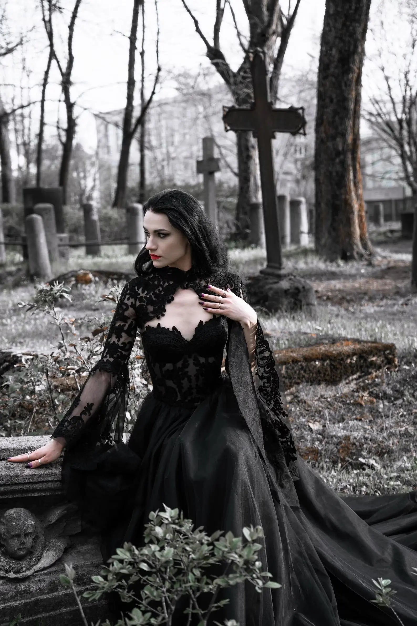 Black Luxury Gothic  Wedding Dress Sheer Lace Ball Gown  SW560