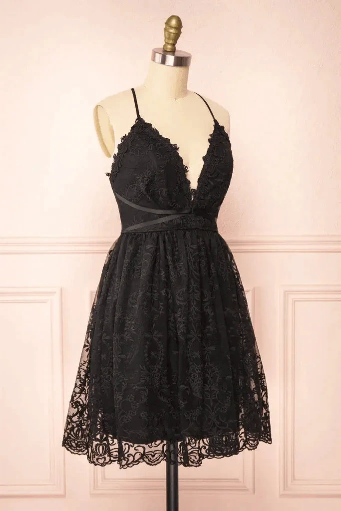 Black Lace Straps A-line Short Party Dress Lace Homecoming Dresses PD466 by pgmdress