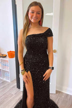 Black One Shoulder Cap Sleeve Sequined Long Party Dress SYP93 by vivymakudress