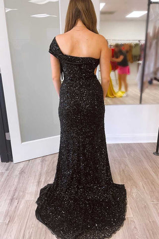 Vestido de fiesta largo negro con lentejuelas y mangas cortas de un solo hombro SYP93