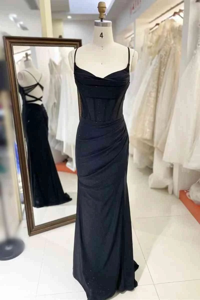 Black Pleated Prom Dress With Spaghetti Straps SYP119 by vivymakudress