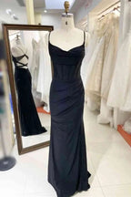Black Pleated Prom Dress With Spaghetti Straps SYP119 by vivymakudress
