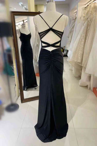 Schwarzes plissiertes Ballkleid mit Spaghettiträgern SYP119
