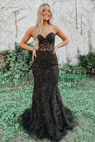 Schwarzes trägerloses Meerjungfrau-Ballkleid mit Spitzenapplikationen PSK460