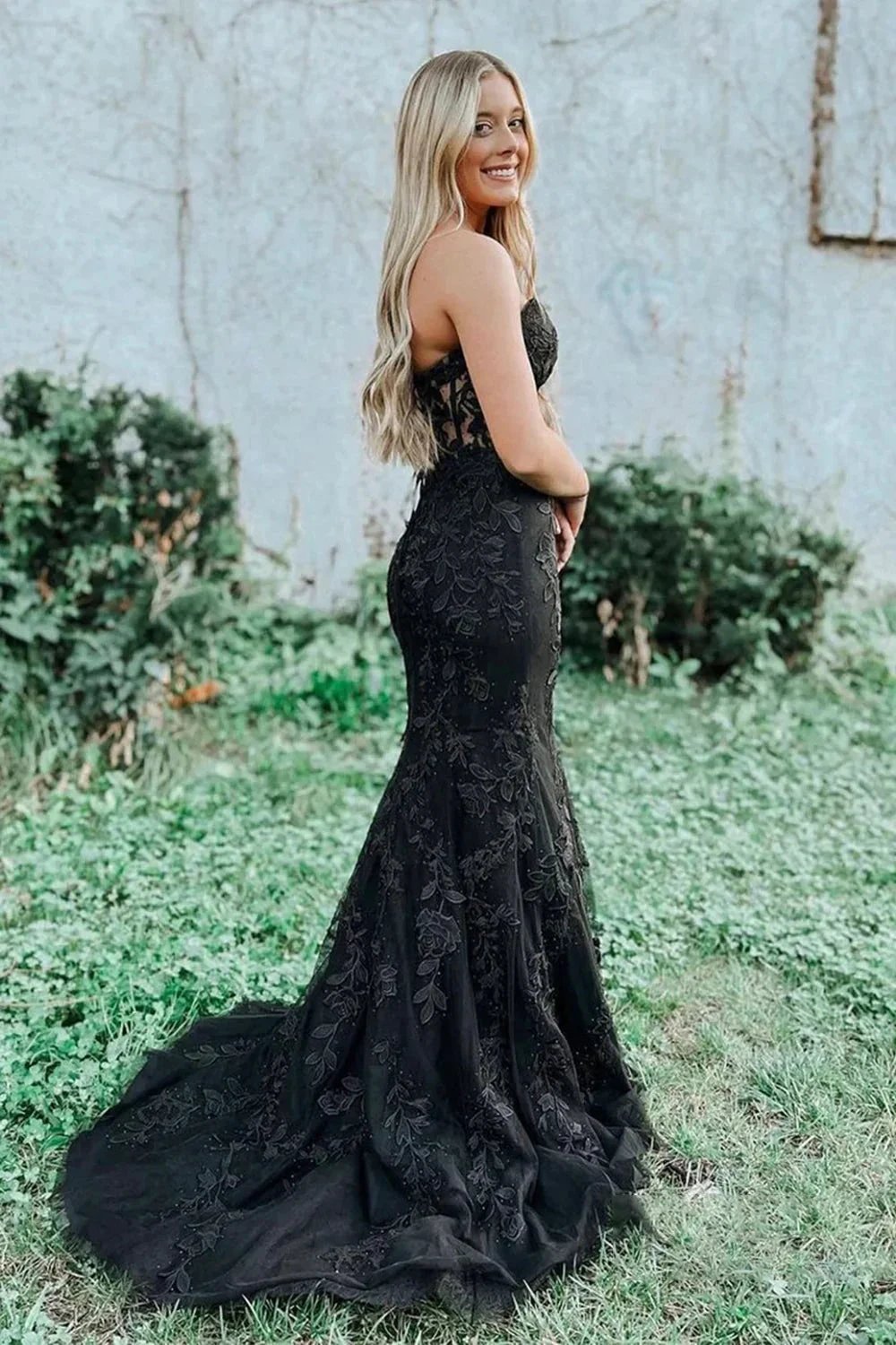 Black Strapless Mermaid Prom Dress With Lace Appliques PSK460 by pgmdress