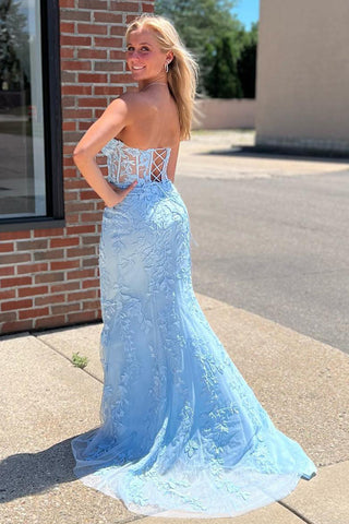 Schwarzes trägerloses Meerjungfrau-Ballkleid mit Spitzenapplikationen PSK460