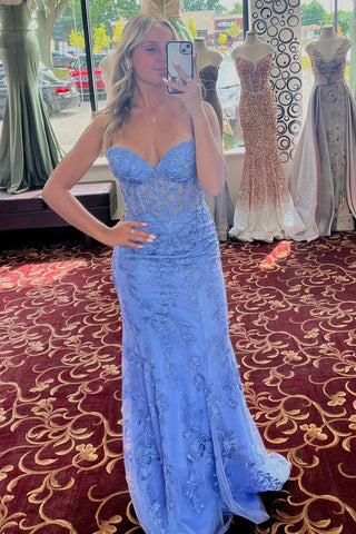 Schwarzes trägerloses Meerjungfrau-Ballkleid mit Spitzenapplikationen PSK460