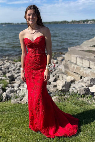 Schwarzes trägerloses Meerjungfrau-Ballkleid mit Spitzenapplikationen PSK460