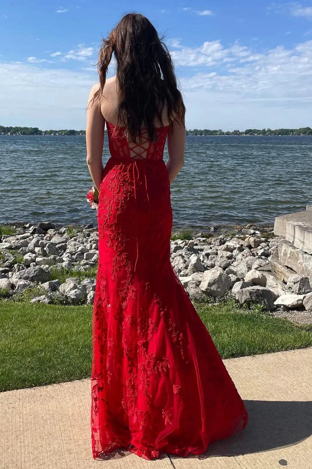 Black Strapless Mermaid Prom Dress With Lace Appliques PSK460 by pgmdress