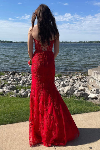 Schwarzes trägerloses Meerjungfrau-Ballkleid mit Spitzenapplikationen PSK460
