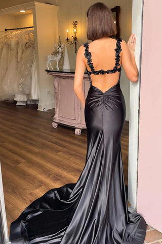 Vestido de fiesta largo de satén floral con corte sirena, color negro, vestido formal PSK527