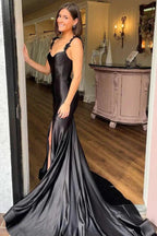 Satin Floral Mermaid Black Long Prom Dress Formal Dress PSK527 by pgmdress