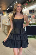 Black Straps Satin A-Line Short Corset Homecoming Dress With Bow PD543 by pgmdress