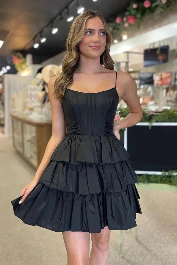 Black Straps Satin A-Line Short Corset Homecoming Dress With Bow PD543 by pgmdress